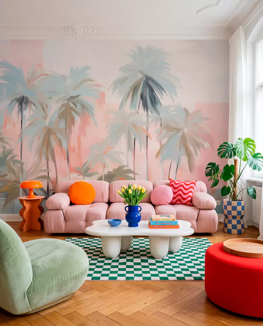 wall murals Abstract minimalistic pastel tropical palm trees, against a background of soft pink and peach hues w09212