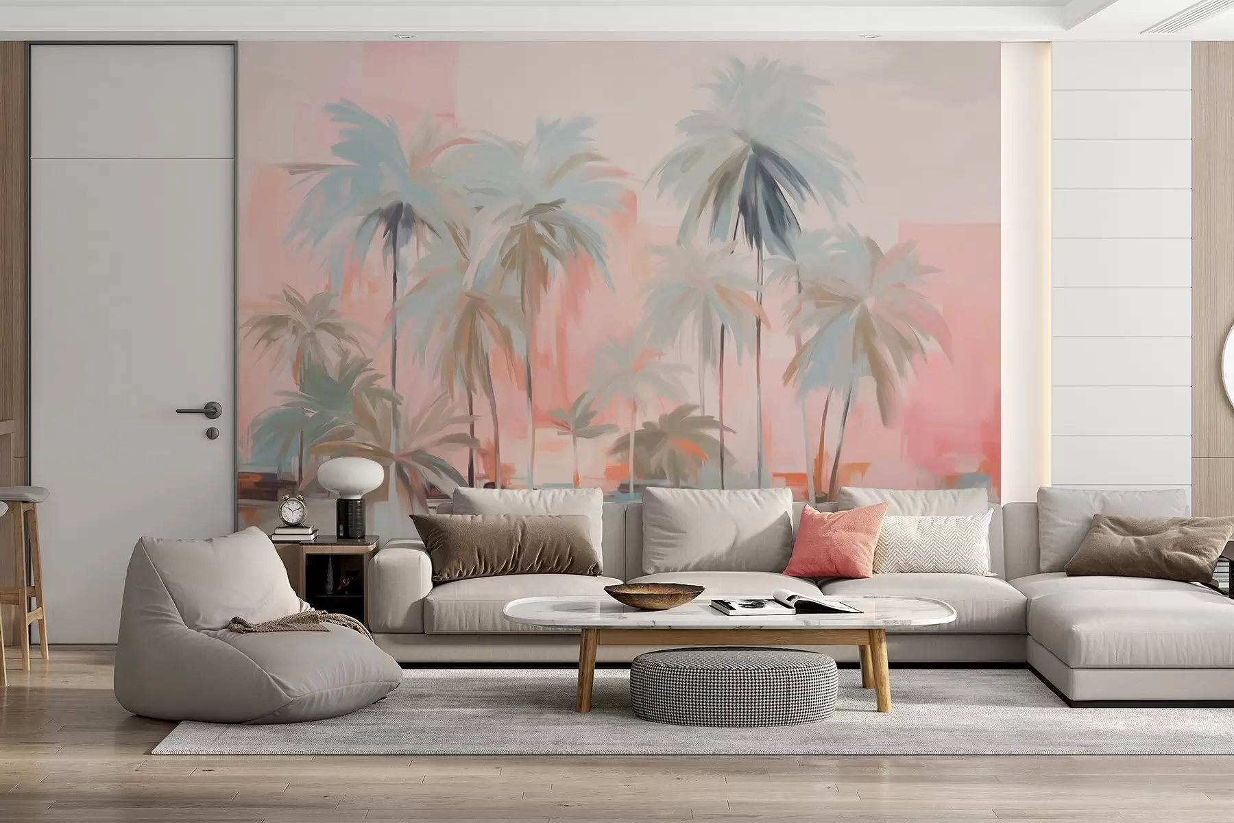 wall murals Abstract minimalistic pastel tropical palm trees, against a background of soft pink and peach hues w09212