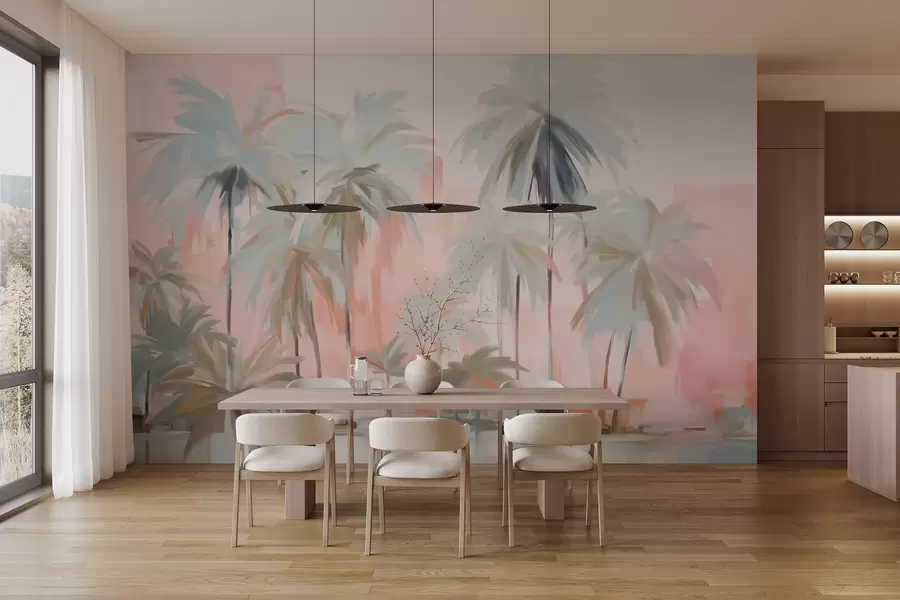 wall murals Abstract minimalistic pastel tropical palm trees, against a background of soft pink and peach hues w09212