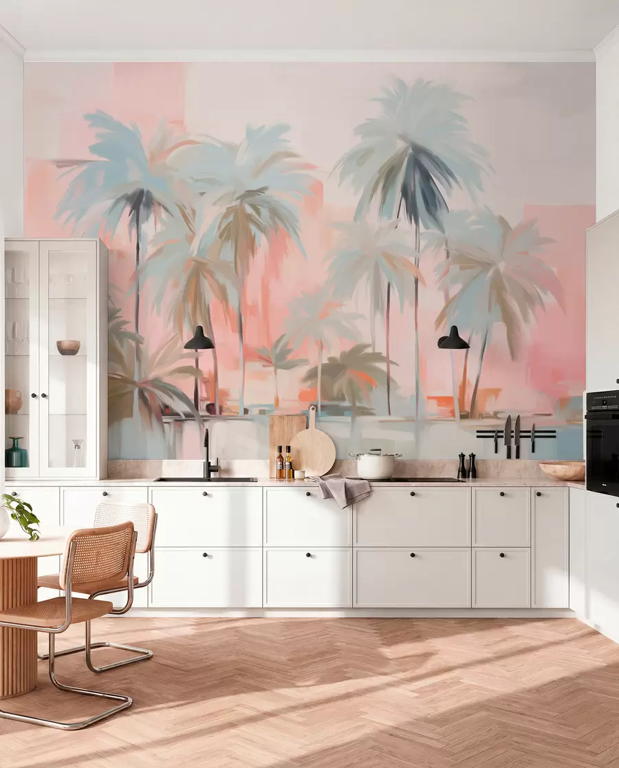 wall murals Abstract minimalistic pastel tropical palm trees, against a background of soft pink and peach hues w09212