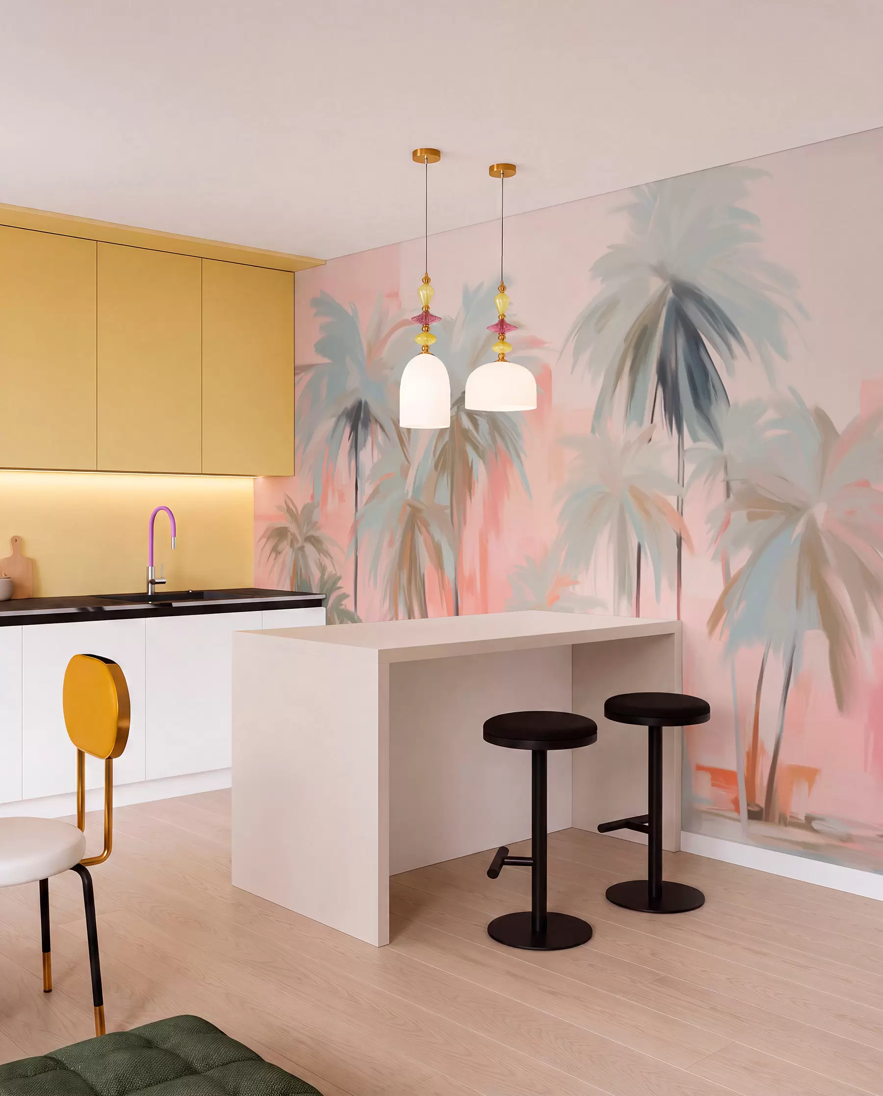 wall murals Abstract minimalistic pastel tropical palm trees, against a background of soft pink and peach hues w09212