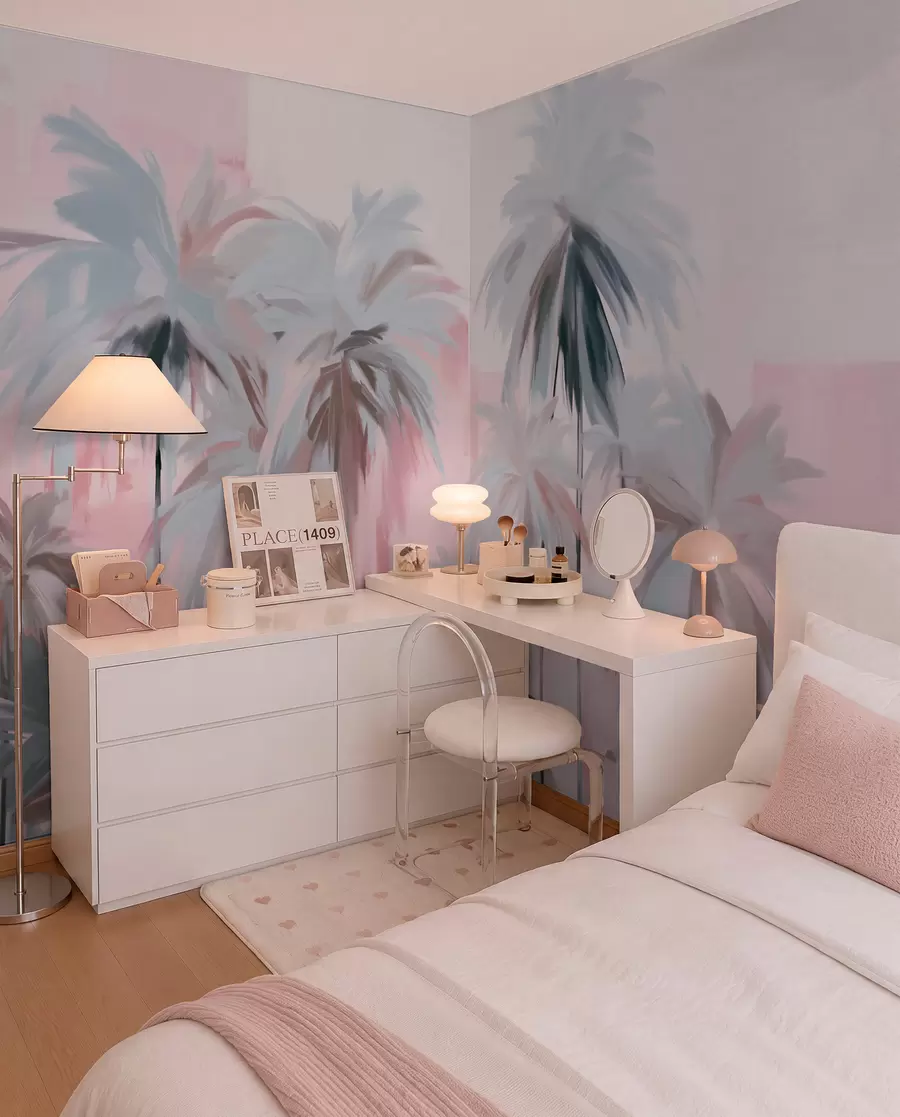 wall murals Abstract minimalistic pastel tropical palm trees, against a background of muted pink and gray hues w09212v1