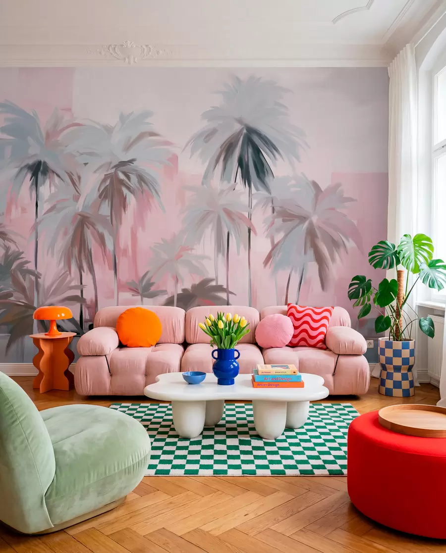 wall murals Abstract minimalistic pastel tropical palm trees, against a background of muted pink and gray hues w09212v1