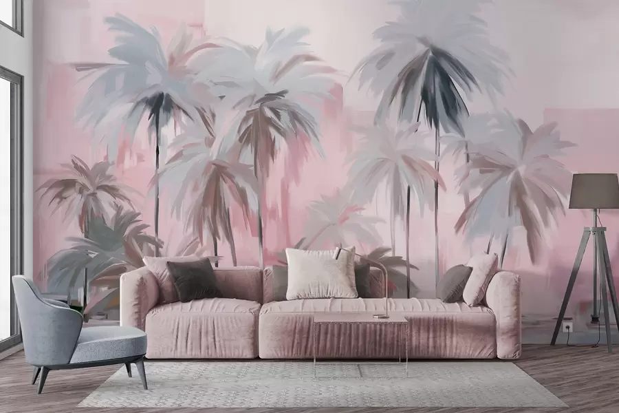 wall murals Abstract minimalistic pastel tropical palm trees, against a background of muted pink and gray hues w09212v1