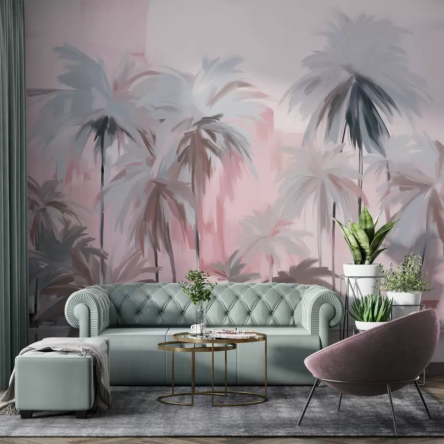 wall murals Abstract minimalistic pastel tropical palm trees, against a background of muted pink and gray hues w09212v1