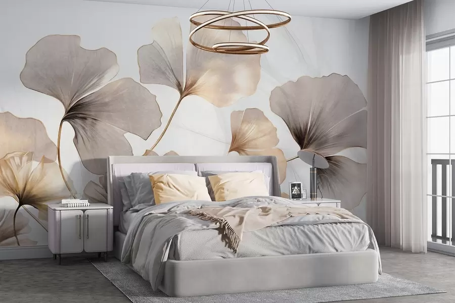 wall murals Ginkgo biloba leaves in beige, yellow and brown tones, delicate textured watercolor effect, light background w09215