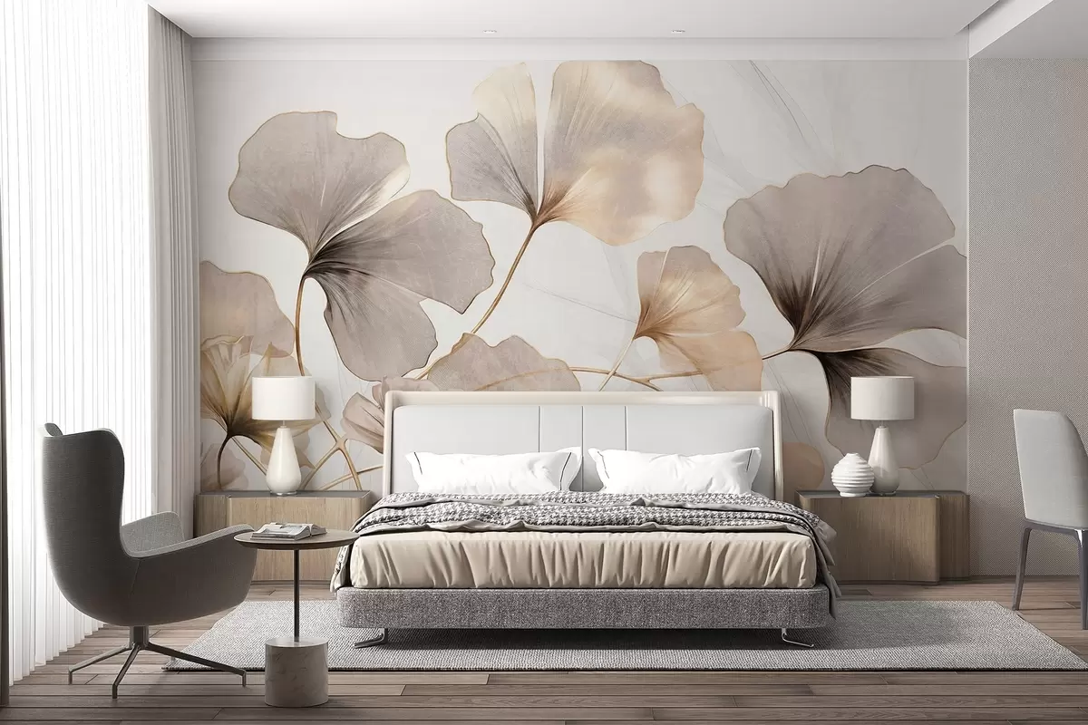 wall murals Ginkgo biloba leaves in beige, yellow and brown tones, delicate textured watercolor effect, light background w09215