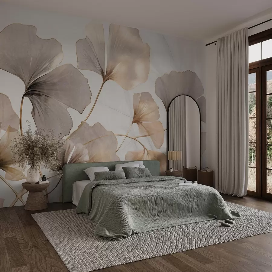 wall murals Ginkgo biloba leaves in beige, yellow and brown tones, delicate textured watercolor effect, light background w09215