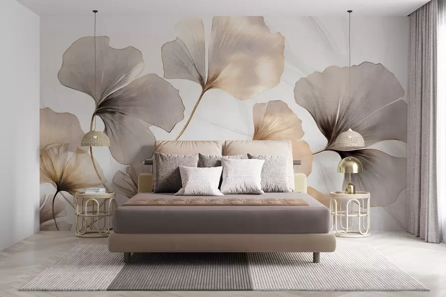 wall murals Ginkgo biloba leaves in beige, yellow and brown tones, delicate textured watercolor effect, light background w09215
