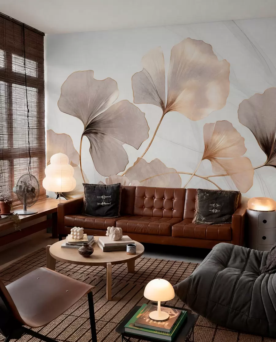 wall murals Ginkgo biloba leaves in beige, yellow and brown tones, delicate textured watercolor effect, light background w09215