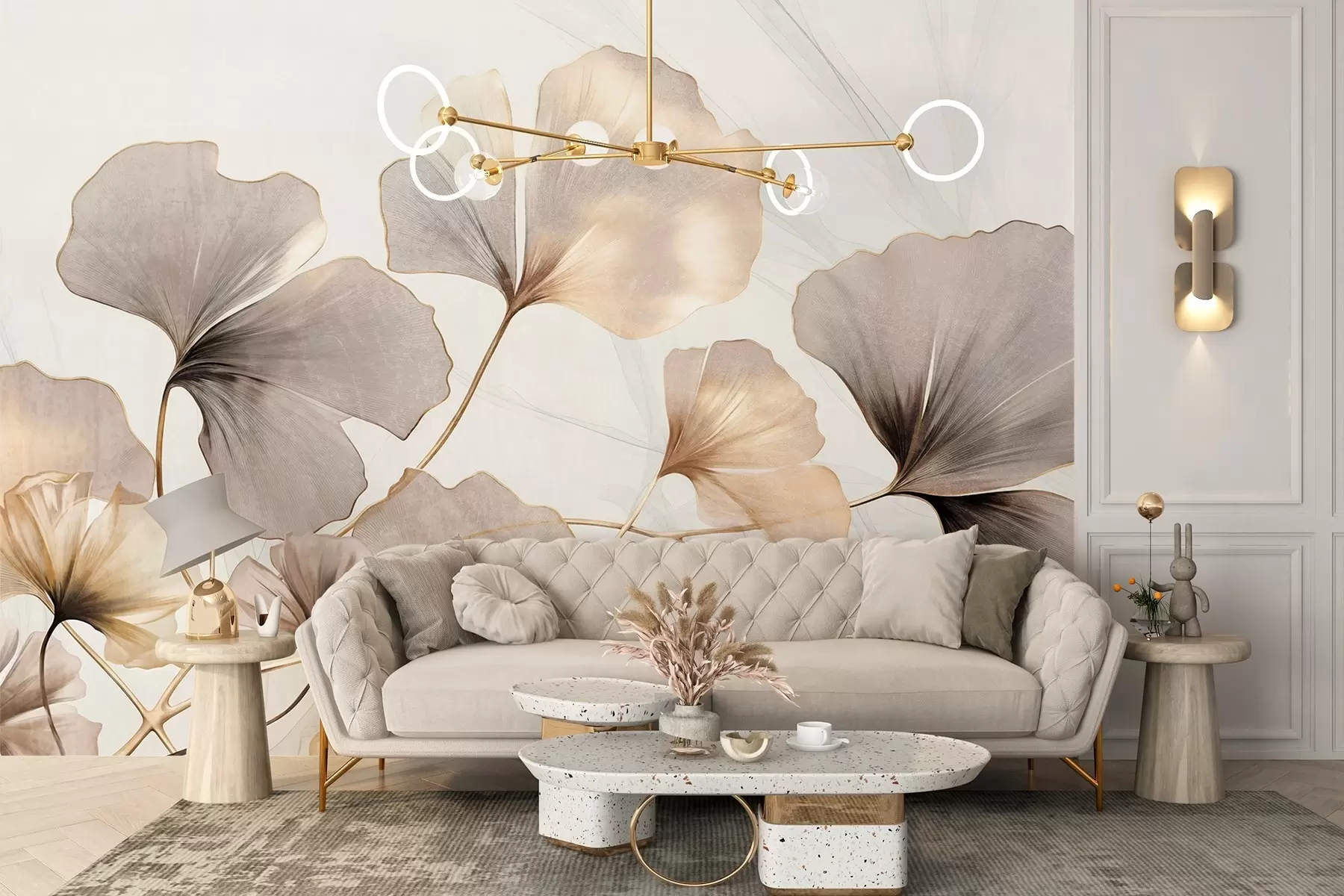 wall murals Ginkgo biloba leaves in beige, yellow and brown tones, delicate textured watercolor effect, light background w09215