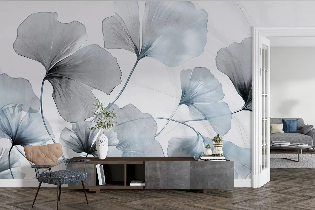 wall murals Ginkgo biloba leaves in muted blue and gray tones, delicate textured watercolor effect, light background w09215v1