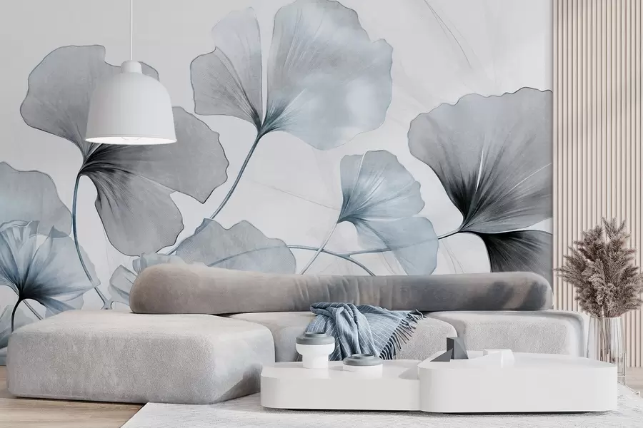 wall murals Ginkgo biloba leaves in muted blue and gray tones, delicate textured watercolor effect, light background w09215v1