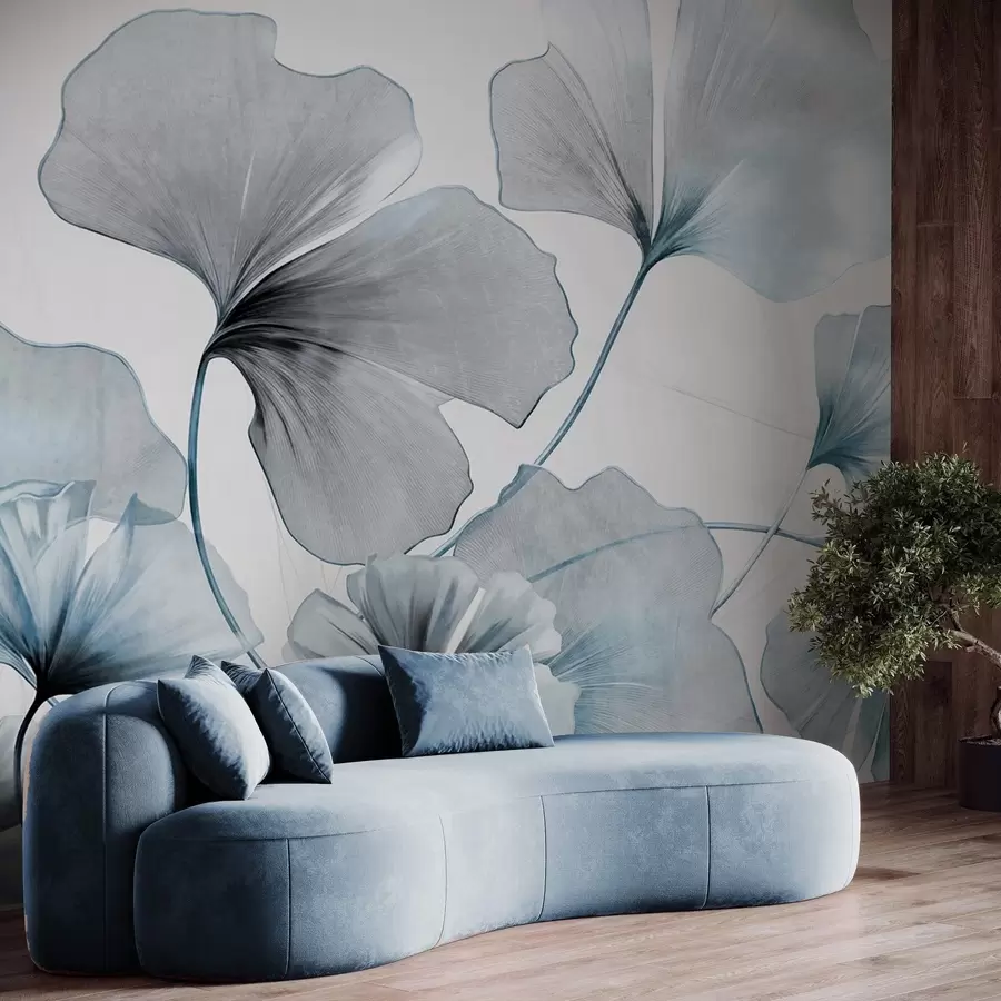 wall murals Ginkgo biloba leaves in muted blue and gray tones, delicate textured watercolor effect, light background w09215v1
