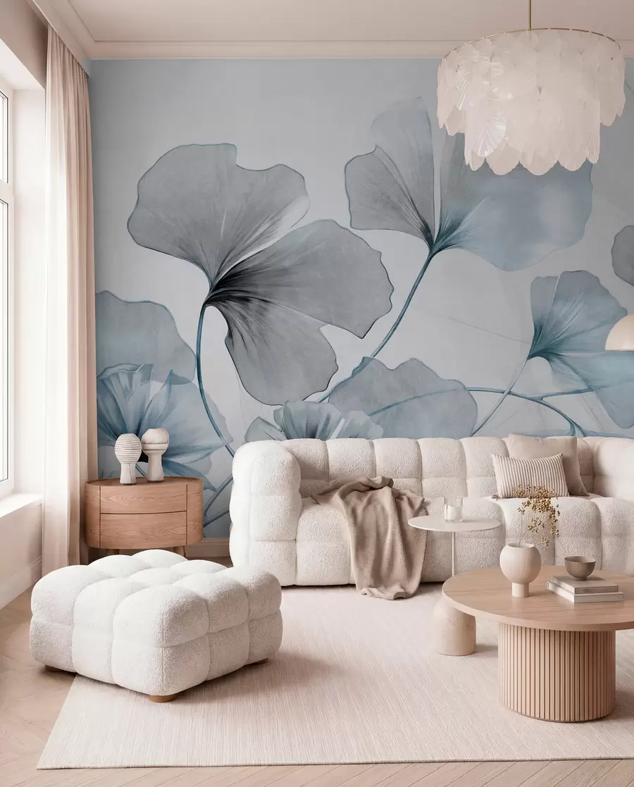 wall murals Ginkgo biloba leaves in muted blue and gray tones, delicate textured watercolor effect, light background w09215v1