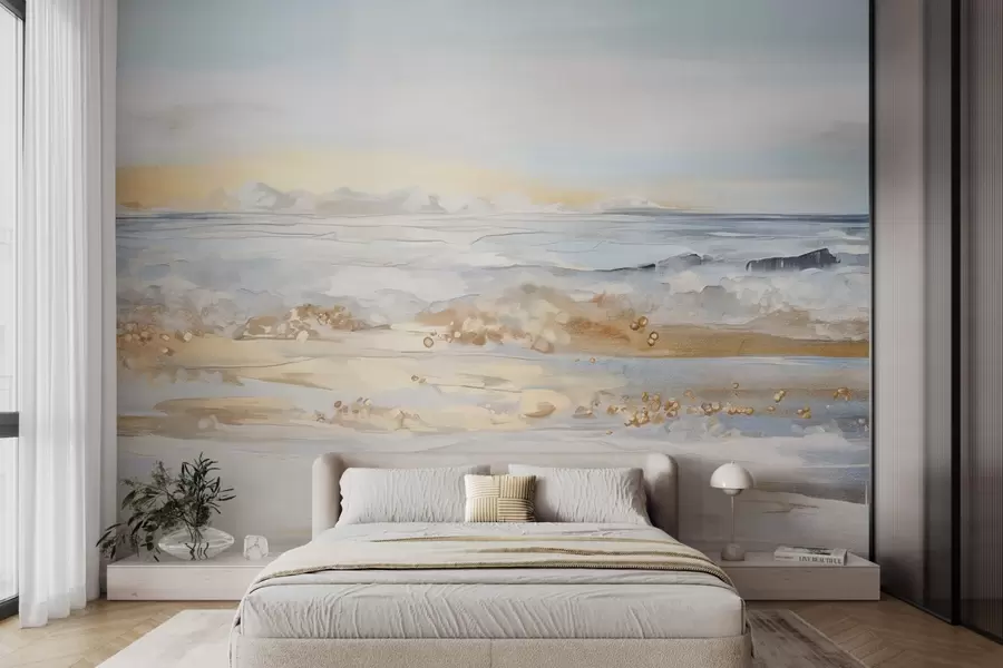 wall murals Abstract textured landscape ocean waves crashing on a sandy beach, soft pastel colors, blue sky with light clouds w09234