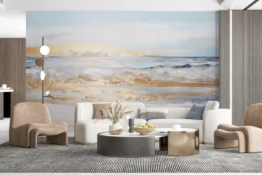 wall murals Abstract textured landscape ocean waves crashing on a sandy beach, soft pastel colors, blue sky with light clouds w09234