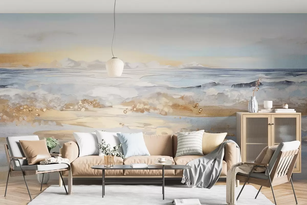 wall murals Abstract textured landscape ocean waves crashing on a sandy beach, soft pastel colors, blue sky with light clouds w09234