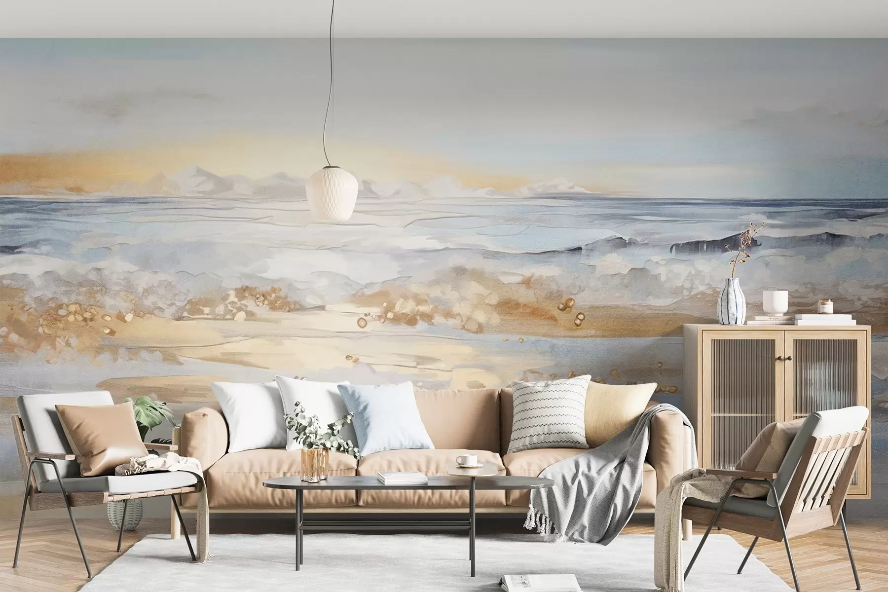 wall murals Abstract textured landscape ocean waves crashing on a sandy beach, soft pastel colors, blue sky with light clouds w09234
