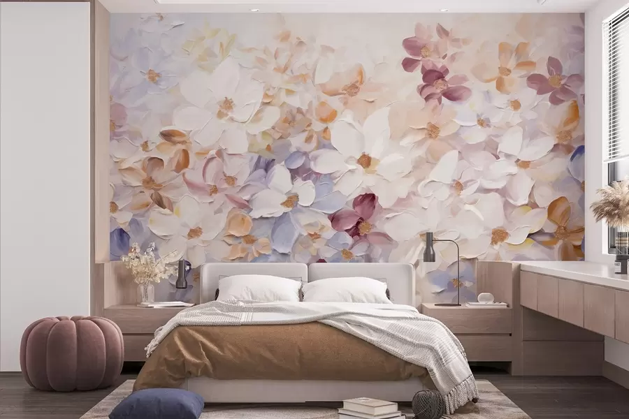 wall murals Oil painting imitation of a flower garden with white, pink and orange flowers, soft brushstrokes, pastel muted colors w09236