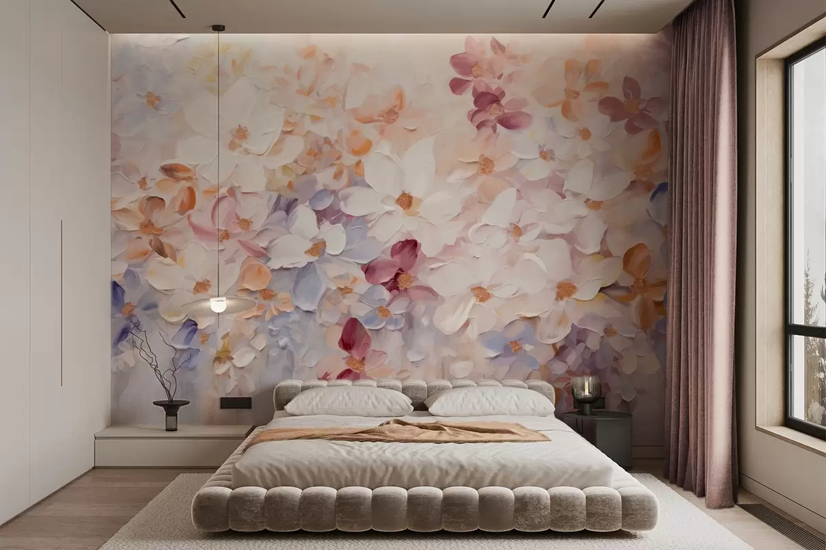 wall murals Oil painting imitation of a flower garden with white, pink and orange flowers, soft brushstrokes, pastel muted colors w09236