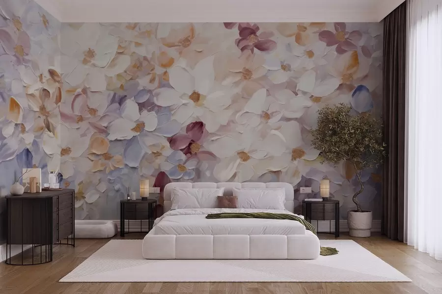 wall murals Oil painting imitation of a flower garden with white, pink and orange flowers, soft brushstrokes, pastel muted colors w09236