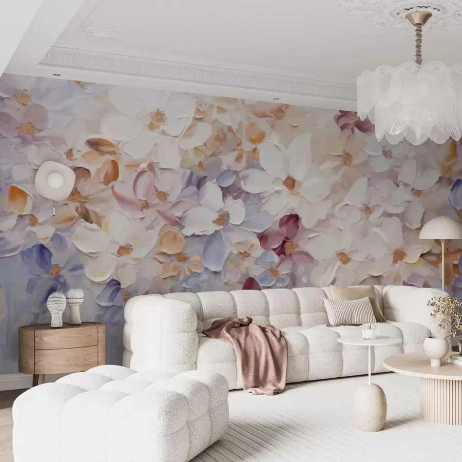 wall murals Oil painting imitation of a flower garden with white, pink and orange flowers, soft brushstrokes, pastel muted colors w09236