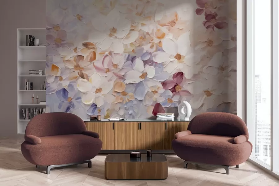 wall murals Oil painting imitation of a flower garden with white, pink and orange flowers, soft brushstrokes, pastel muted colors w09236