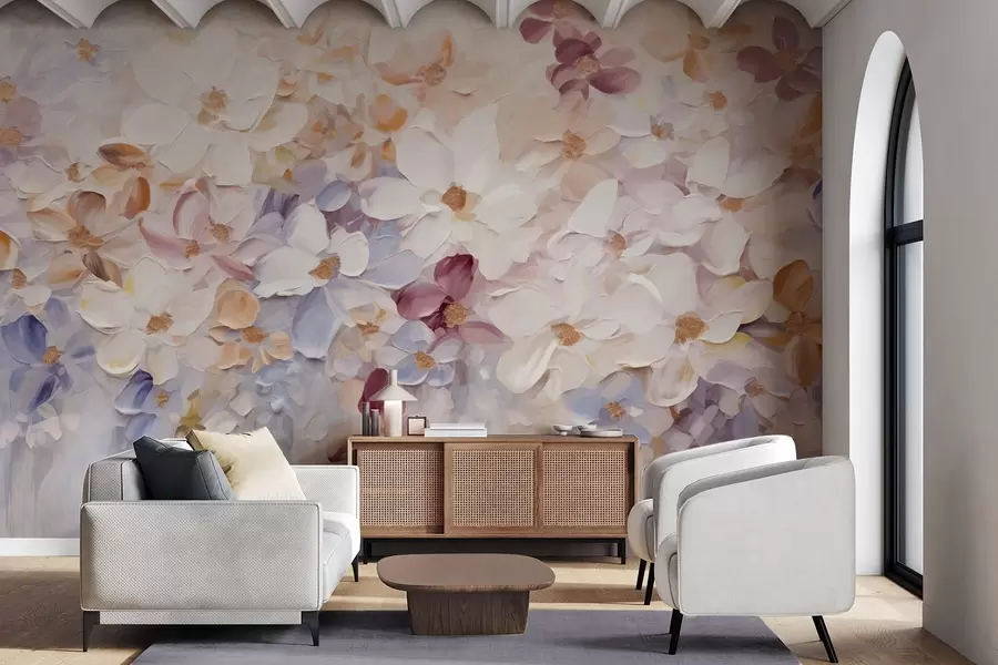 wall murals Oil painting imitation of a flower garden with white, pink and orange flowers, soft brushstrokes, pastel muted colors w09236