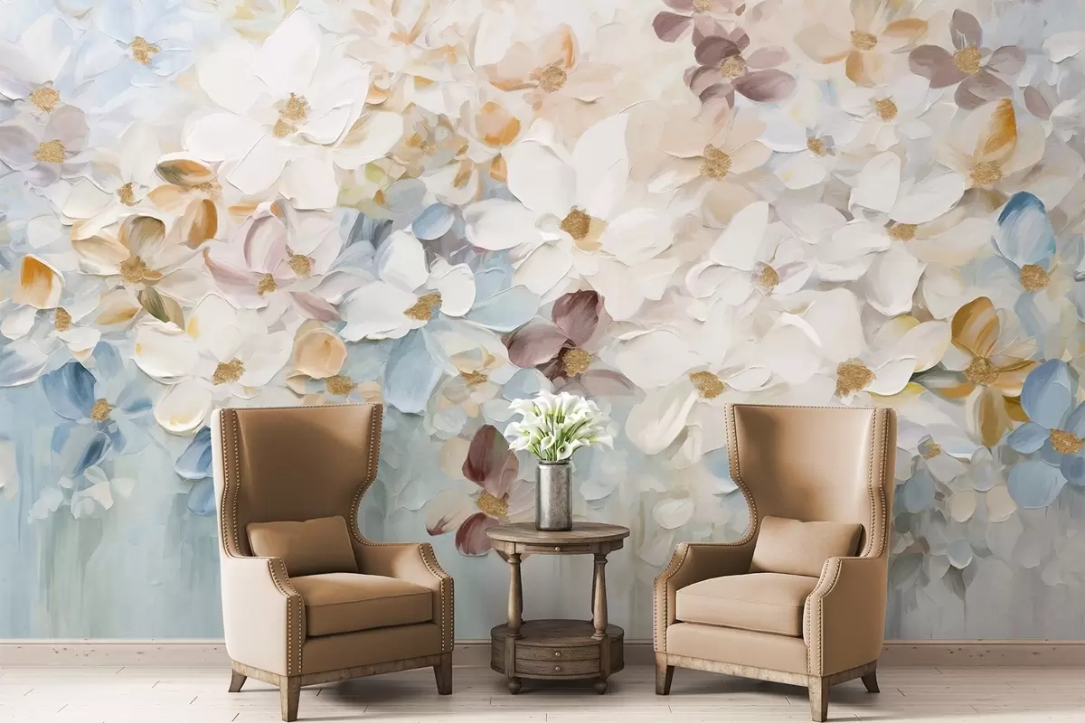 wall murals Oil painting imitation of a flower garden with white, blue and orange flowers, soft brushstrokes, pastel muted colors w09236v1