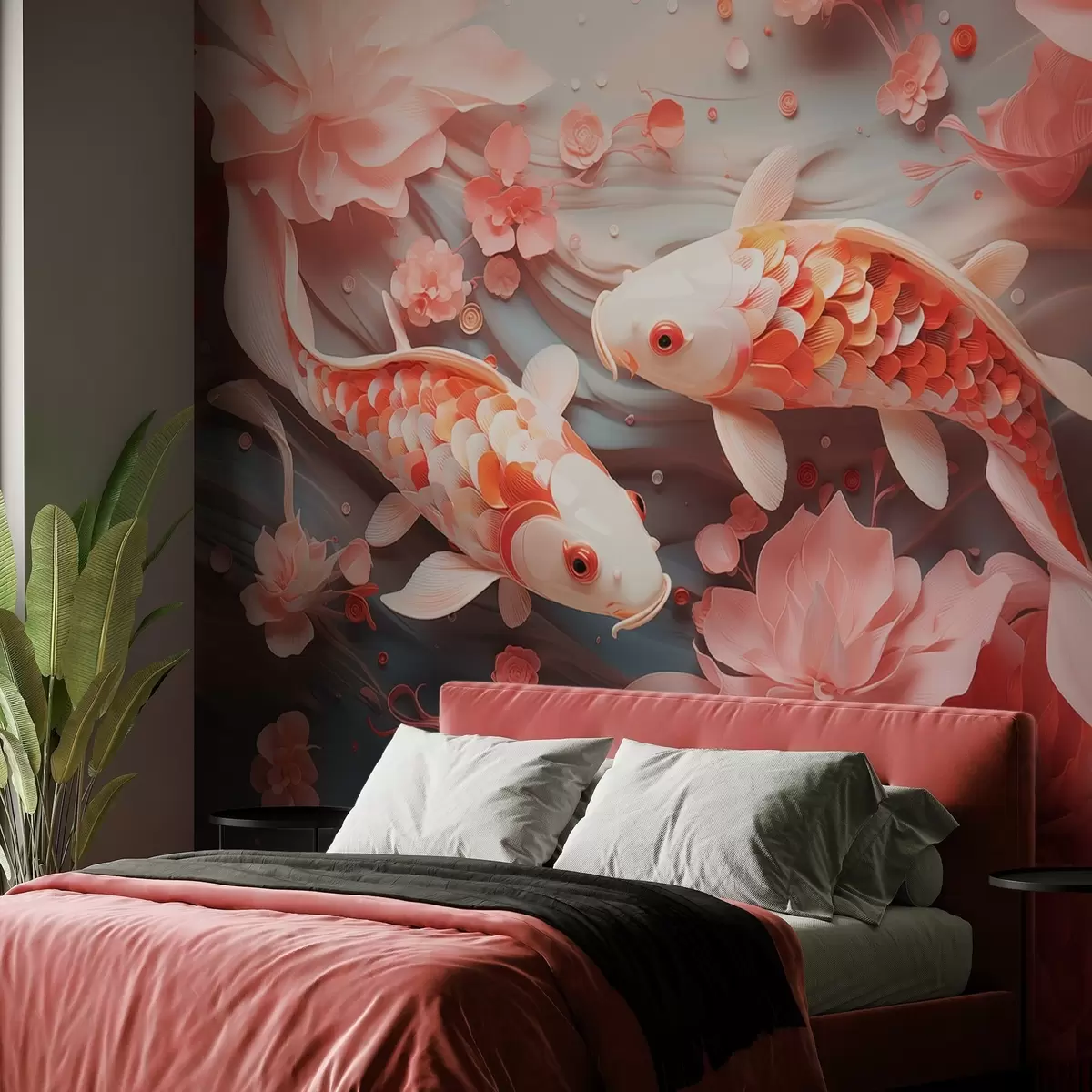 wall murals Delicate fish with dimensional scales swim through a flow of petals and soft pink tones w09237