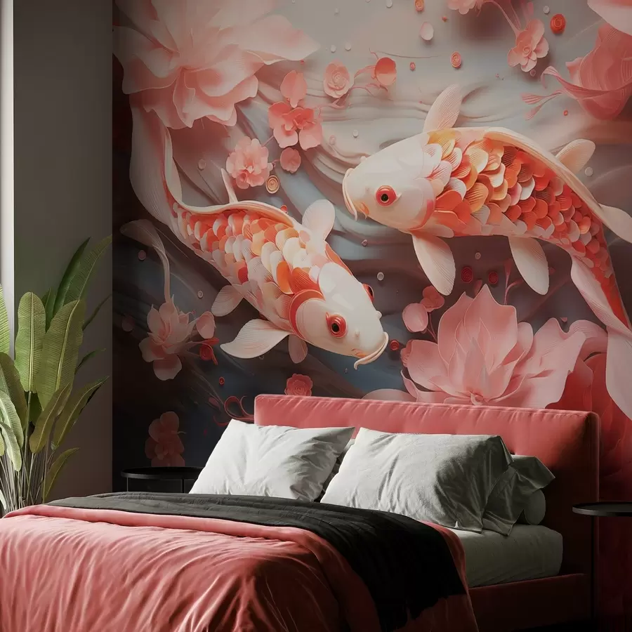wall murals Delicate fish with dimensional scales swim through a flow of petals and soft pink tones w09237