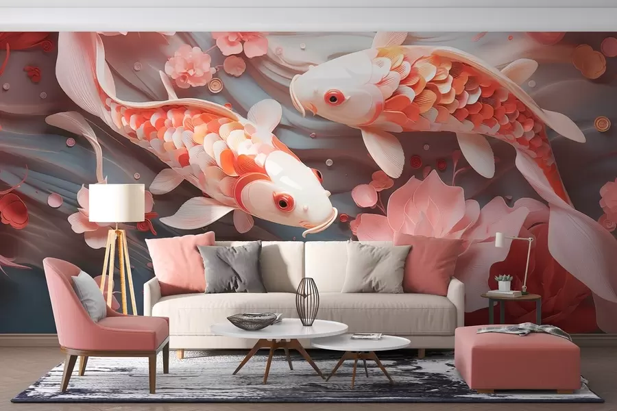wall murals Delicate fish with dimensional scales swim through a flow of petals and soft pink tones w09237