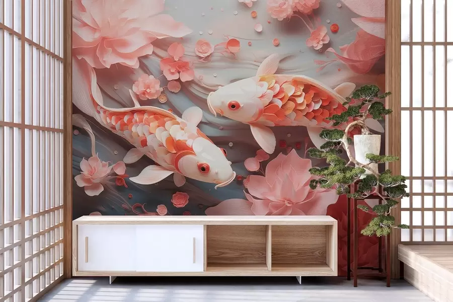 wall murals Delicate fish with dimensional scales swim through a flow of petals and soft pink tones w09237