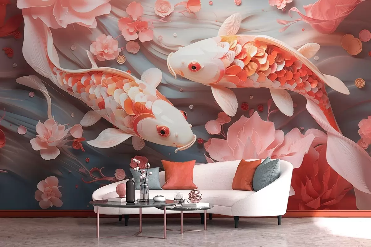 wall murals Delicate fish with dimensional scales swim through a flow of petals and soft pink tones w09237