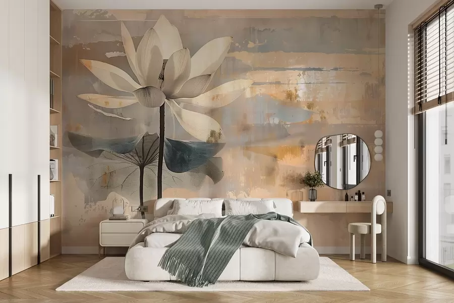 wall murals Imitation of a watercolor lotus against an abstract brushstroke background w09244