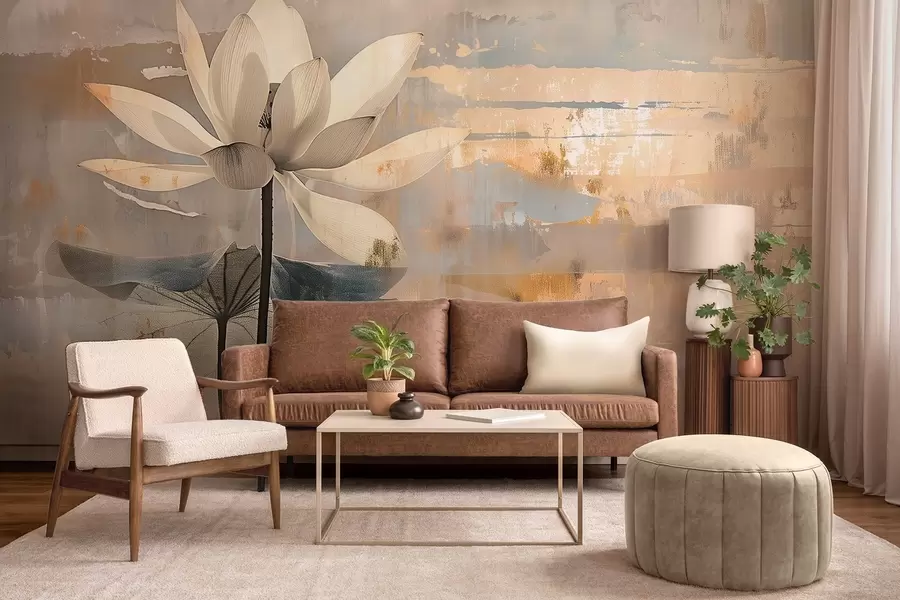 wall murals Imitation of a watercolor lotus against an abstract brushstroke background w09244