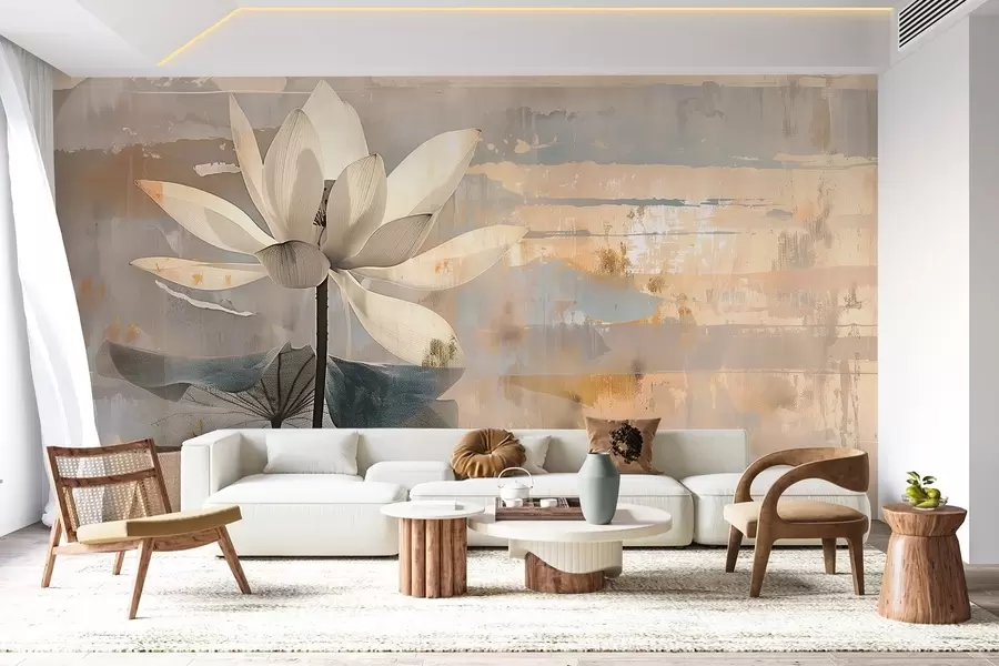 wall murals Imitation of a watercolor lotus against an abstract brushstroke background w09244