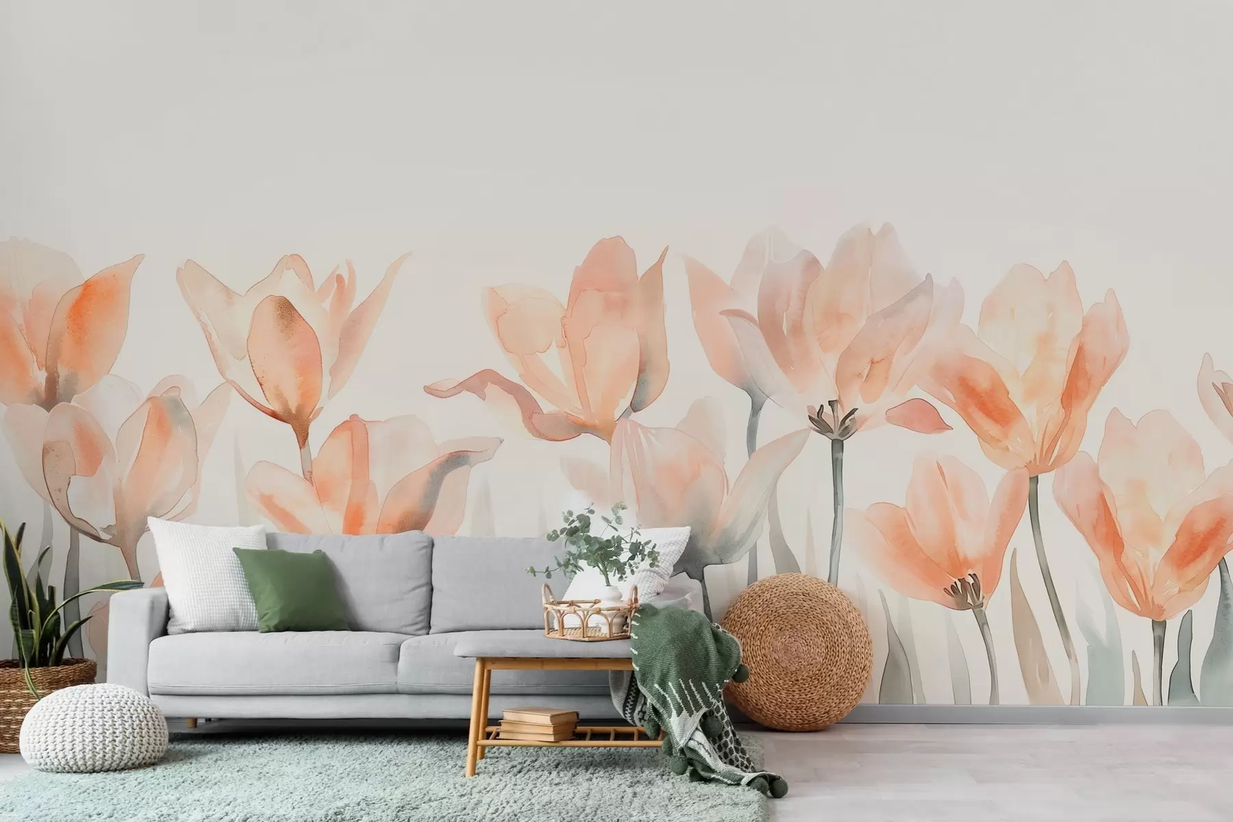 wall murals fresh watercolor tulips growing from below w04204
