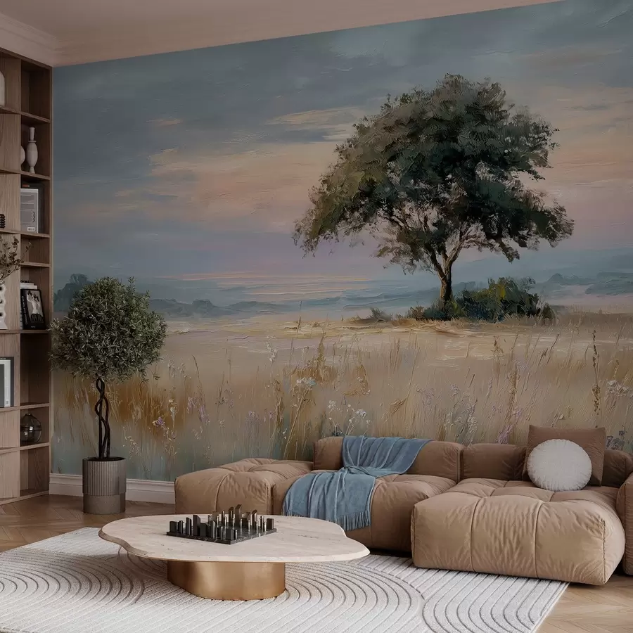 wall murals tree in the middle of a field in the style of oil painting w04206