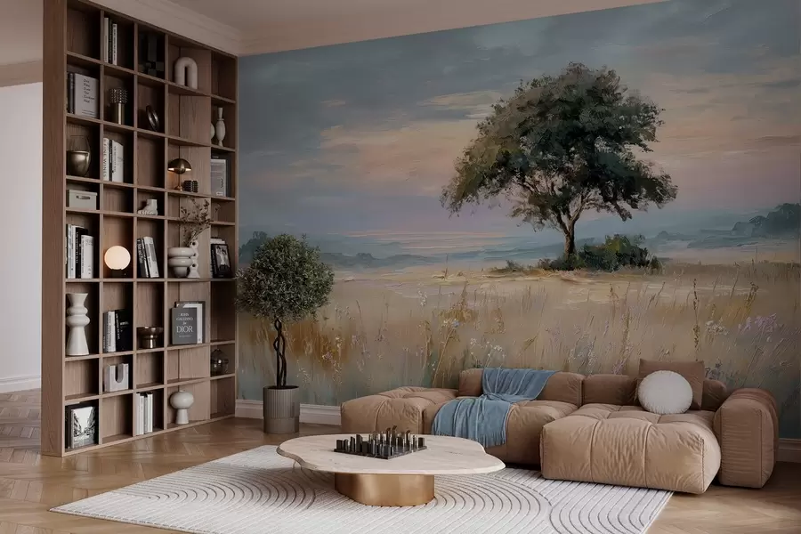 wall murals tree in the middle of a field in the style of oil painting w04206