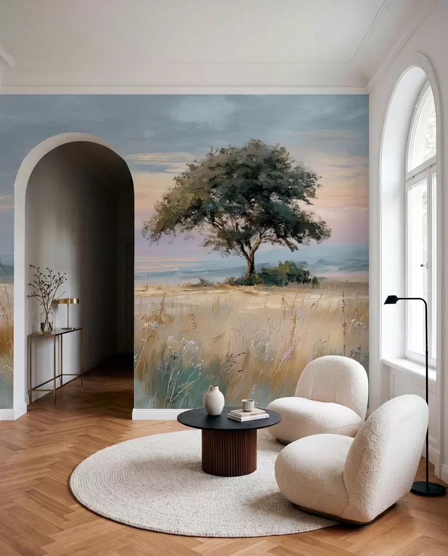 wall murals tree in the middle of a field in the style of oil painting w04206
