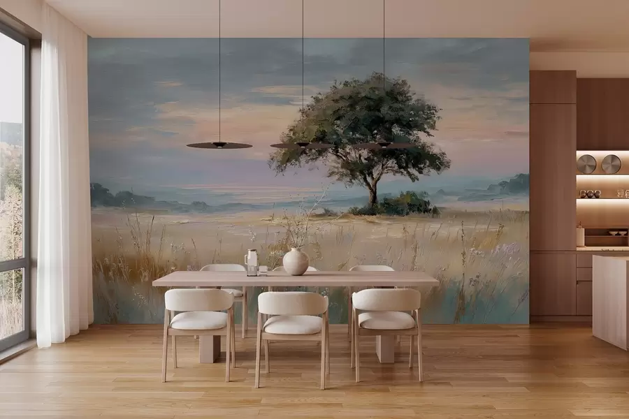 wall murals tree in the middle of a field in the style of oil painting w04206