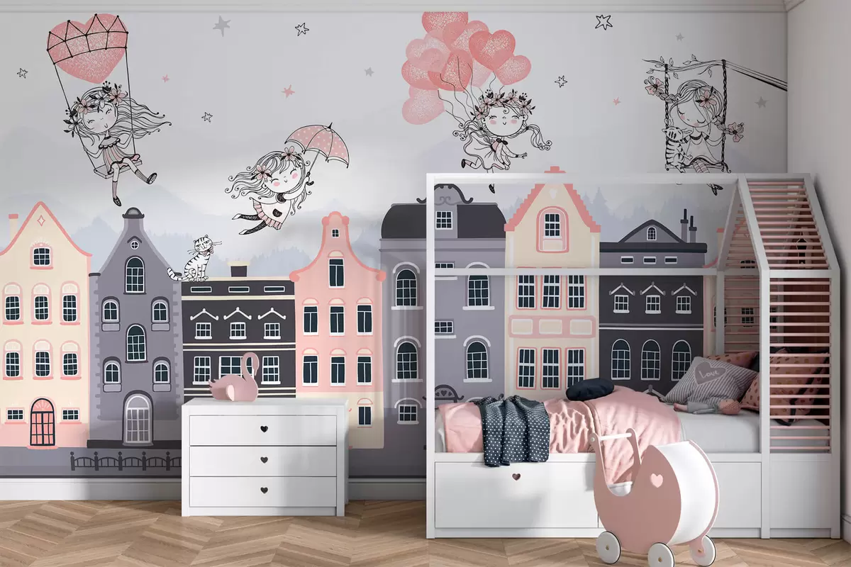 wall murals Cityscape with cute girls w04014