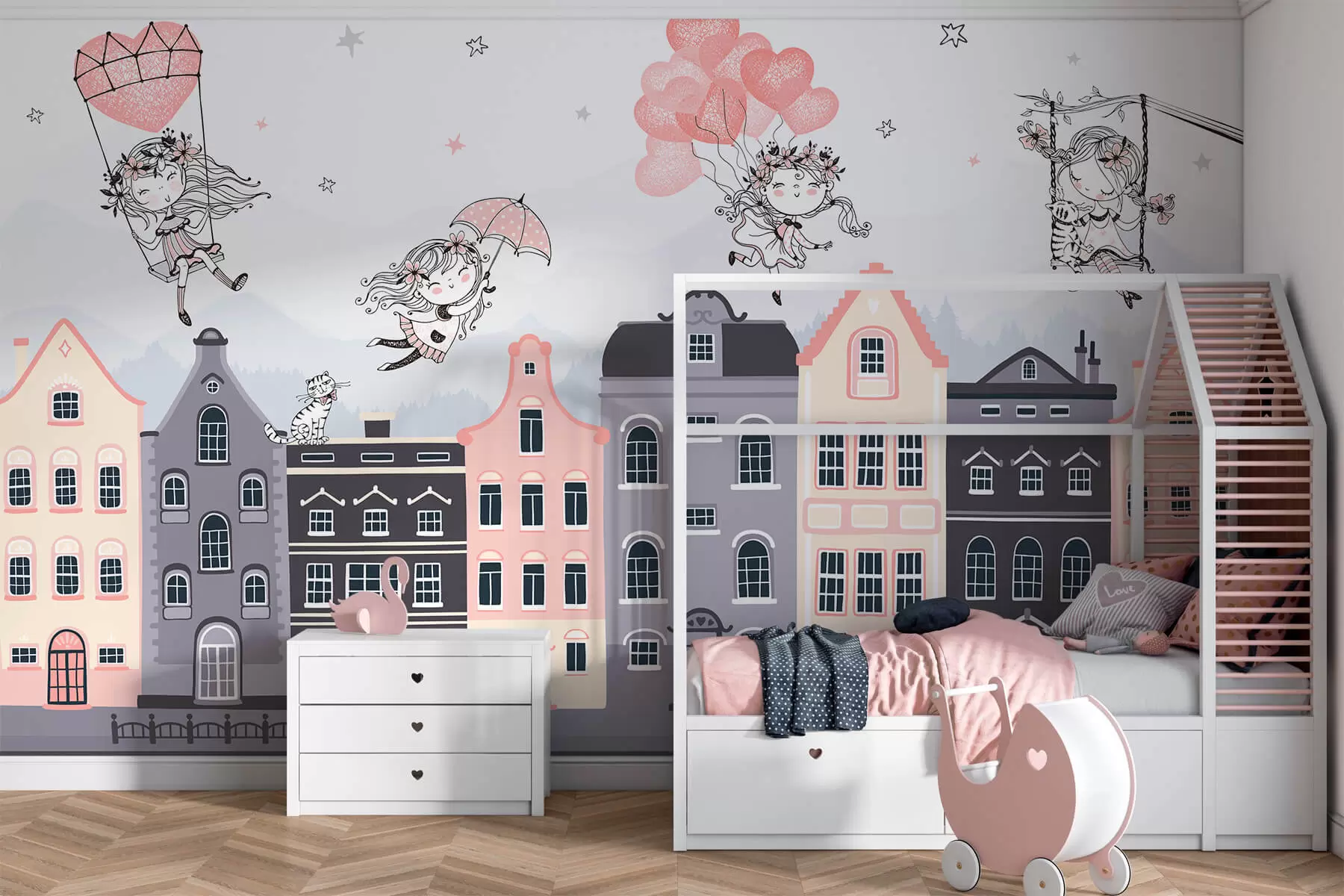 wall murals Cityscape with cute girls w04014