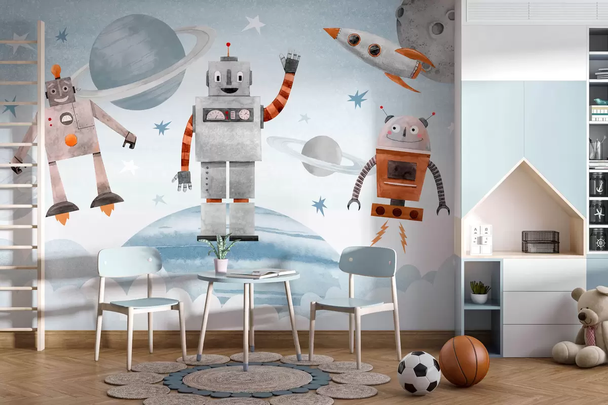 wall murals Robots in space in watercolor style w04016