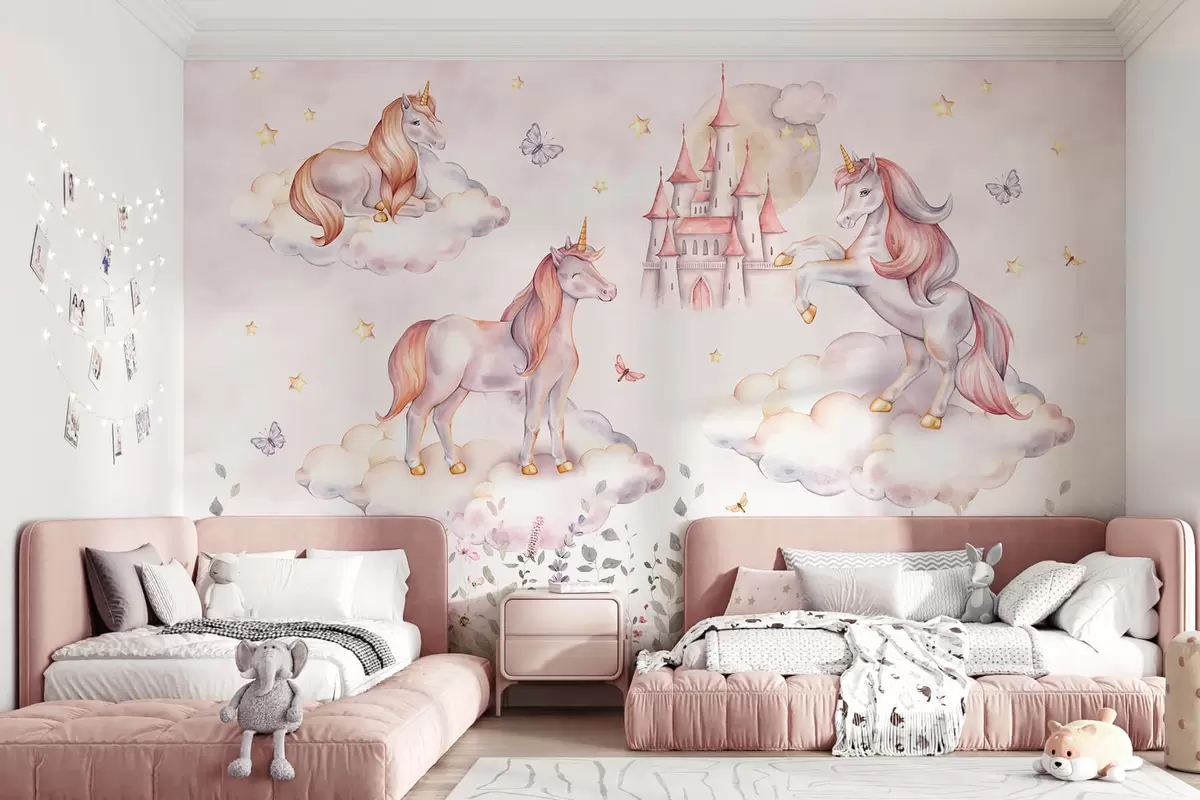 wall murals Unicorns in the clouds with stars, butterflies and flowers w04165