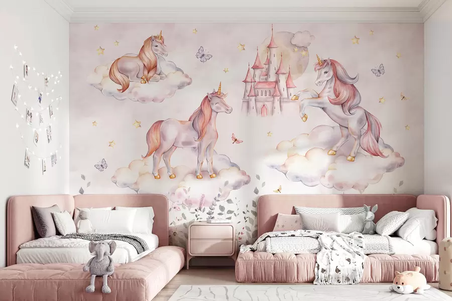 wall murals Unicorns in the clouds with stars, butterflies and flowers w04165