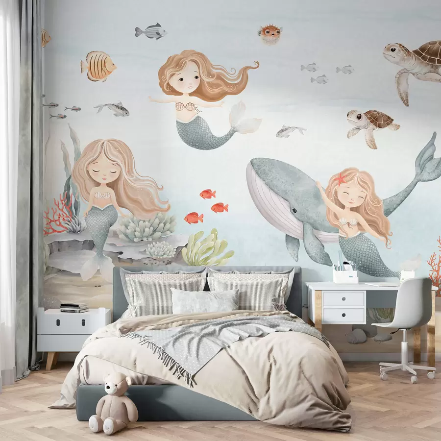 wall murals Underwater world with mermaids and fishes w04166