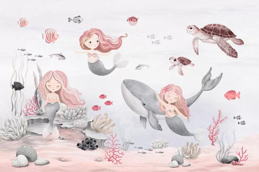 wall murals Underwater world with mermaids and fishes w04166v1